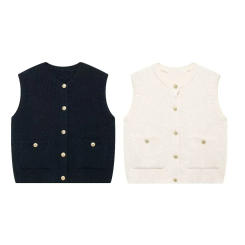 2024 RARF autumn new European and American style round neck button pocket decoration knitted vest vest vest vest