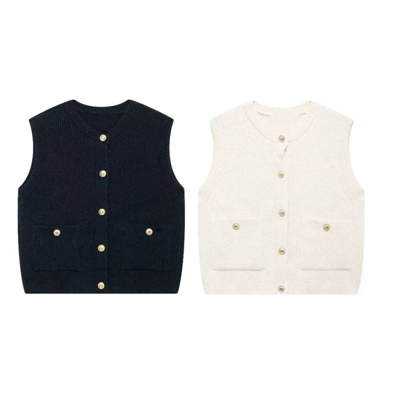 Description Picture 4 of item2024 RARF autumn new European and American style round neck button pocket decoration knitted vest vest vest vest