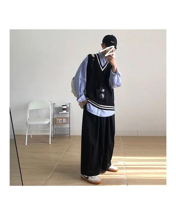 Description Picture 2 of itemSweater Vest Men Spring V-neck Japanese Vintage Striped College Knitted Fashion Loose All-match Sleeveless Simple Clothing B272