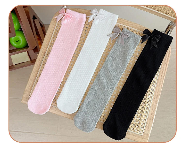 Description Picture 4 of item1Pair Soft Knee High Sock for Kids Girl Sweet Koren Fashion Bow Leggings Stocking Sock Cotton Spring Autumn Children School Sock