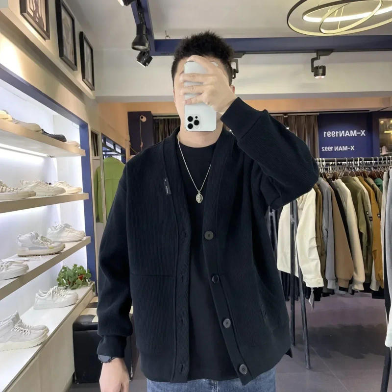 Description Picture 5 of itemMan Clothes with Pockets Knitted Sweaters for Men Cardigan Black Plain Solid Color Korean Autumn Cheap Fashion A Cotton Neck X S