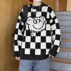 Men's Plaid Round Neck Sweater Loose-fit Versatile Knitted Top Unique Casual Pullover For Autumn/winter Season Trendy Knitwear