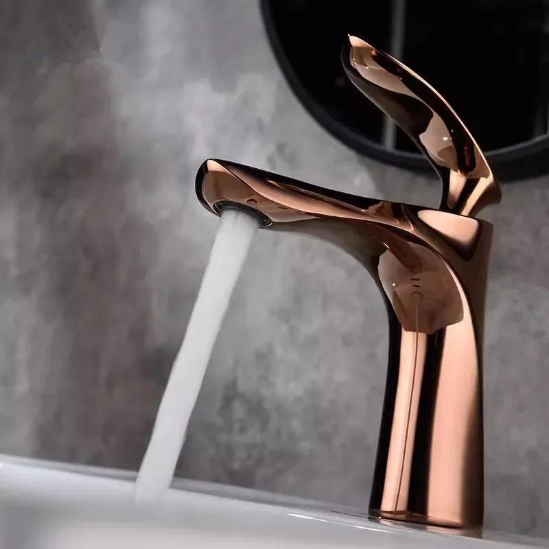 Description Picture 5 of itemRose Gold Bathroom Faucets Brief Basin Faucet Sink Mixer Hot & Cold Deck Mounted Lavatory Crane Water Tap
