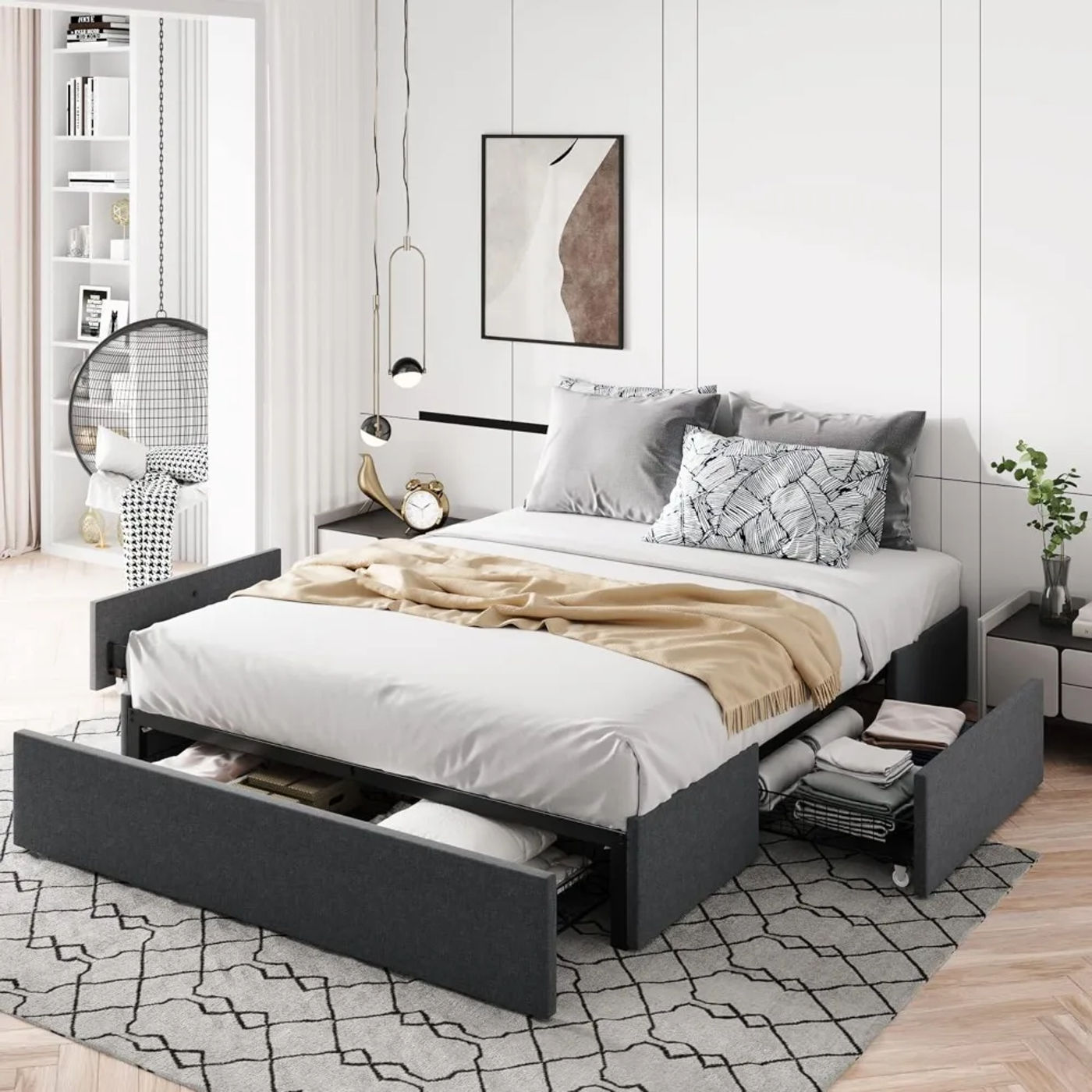 Description Picture 2 of itemFull Size Platform Bed Frame with 3 Storage Drawers, Fabric Upholstered, Wooden Slats Support, No Box Spring Needed, Noise Free