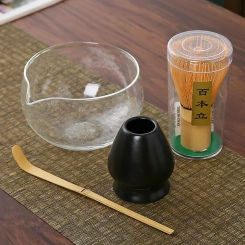 4pcs Matcha Tea Set Bamboo Whisk Scoop Glass Matcha Bowl Traditional Indoor Handmade Tea-making Tools