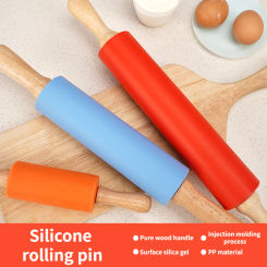 Zackoo 23-43cm Non-Stick Silicone Rolling Pin Wooden Handle Pastry Dough Flour Roller Pizza Pasta Kitchen Cooking Baking Tool