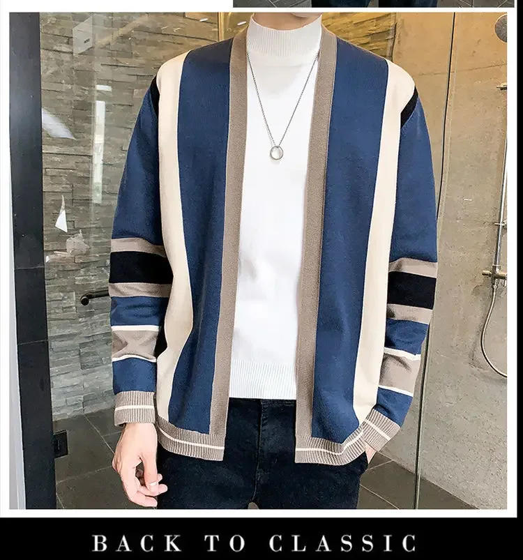 Description Picture 5 of itemMens Clothes  Spring and Autumn Striped Cardigan, Youth Wool Coat ，Plus Size Winter Cardigan，Korean Fashion Top Knitted Sweater