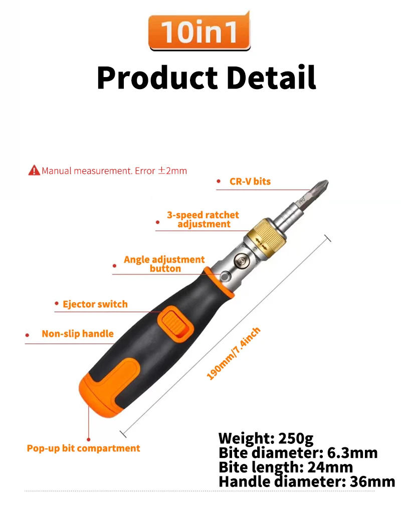 Description Picture 6 of item10 in 1 Ratcheting Screwdriver Multi-function Ratchet Screwdriver Set Angle Variable 0-180 Degrees 1/4 Inch Hex Interface