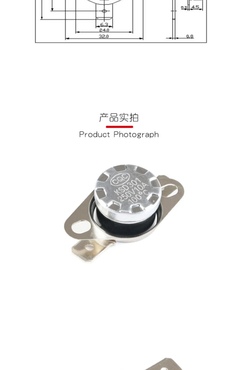 Description Picture 6 of itemKSD301 KSD302 40-300degree Ceramic 10A 16A 250V Normally Closed Open Temperature Switch Thermostat45C 75C 85C 90C 135C 220C 300C