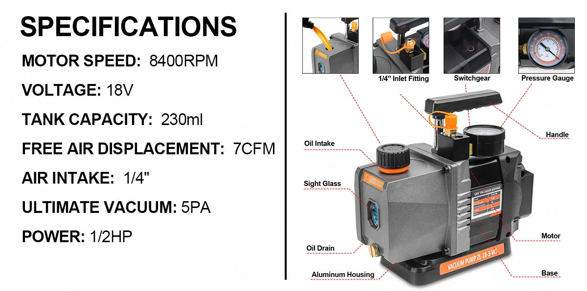 Description Picture 6 of itemGisam 7CFM 1/2HP Brushless Refrigerant Vacuum Pump 1/4 Air Conditioning Cooling Pump For Car House For Makita 18V Battery Pin