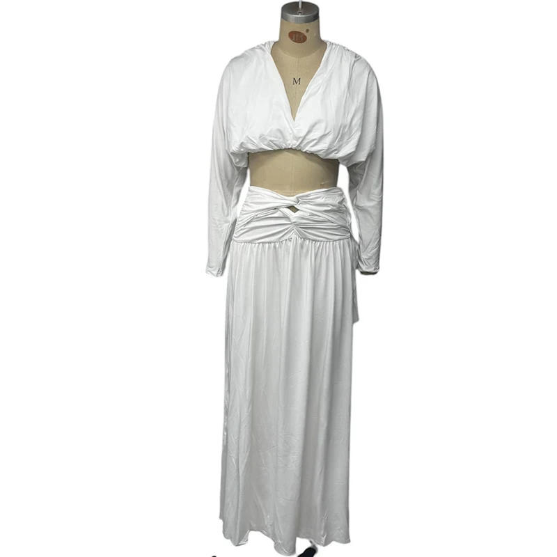 Description Picture 4 of itemWefads Women Matching Two Piece Set Elegant Solid Long Sleeve V Neck High Waist Pullover Top A Line Long Skirts Sets Streetwear