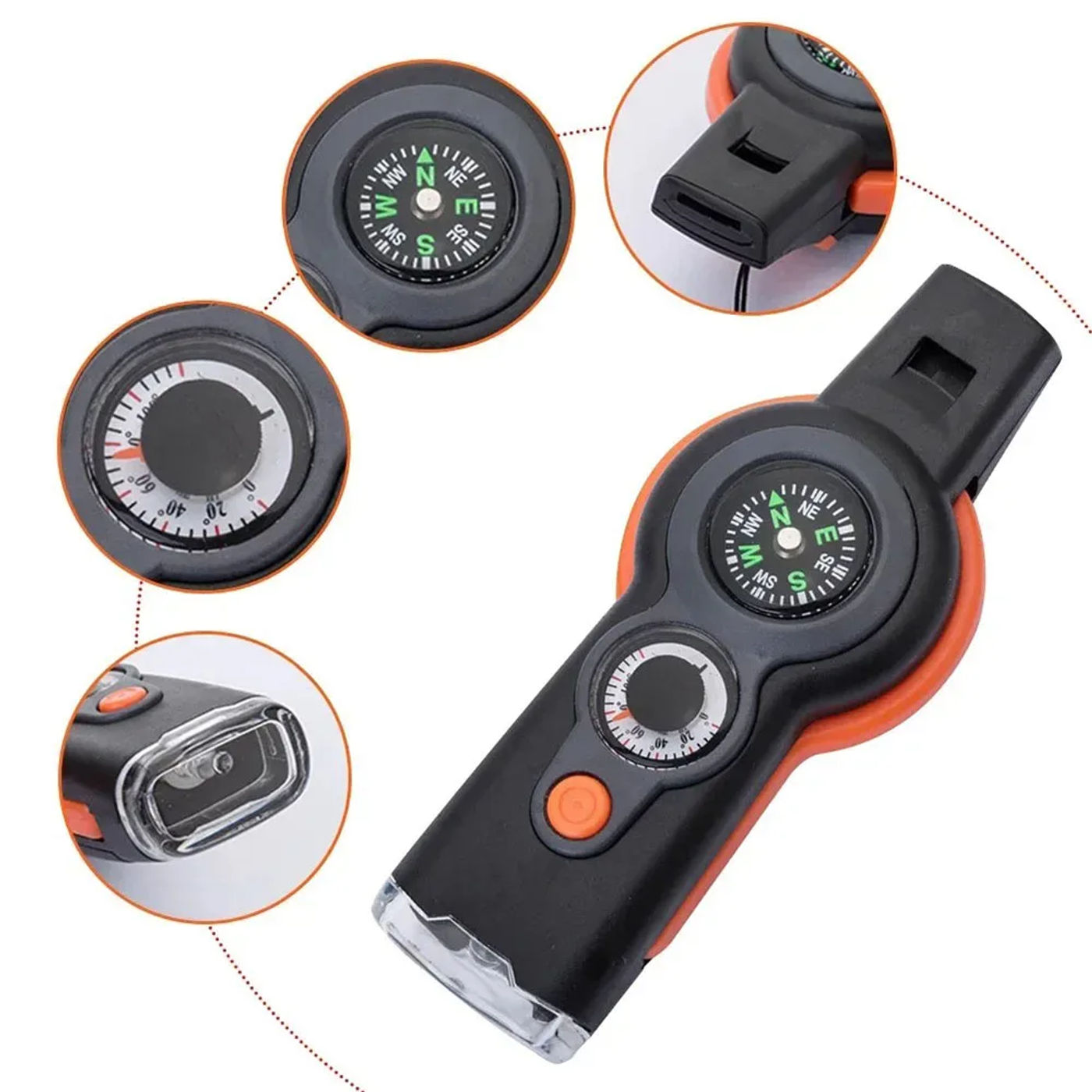 Description Picture 3 of itemCamping Hiking 7in1 Outdoor Multifunctional Survival Whistle Flashlight Compass Thermometer Magnifier Reflector Magnifying Glass