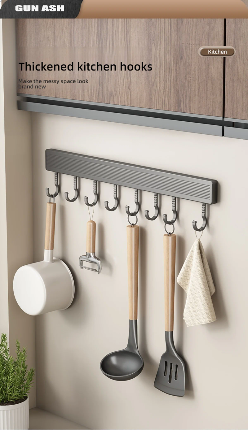 Description Picture 2 of item20-60cm Kitchen Multifunctional Wall Mounted Aluminum Rack Hooks Sturdy and Durable Kitchen & Bathroom Storage Rack