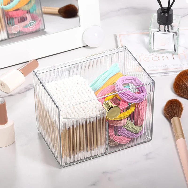 Description Picture 3 of item2 Slot Qtip Holder Dispenser Rectangle Cotton Ball and Swab Holder Organizer with Lid Clear Bathroom Organizer Jar for Bathroom