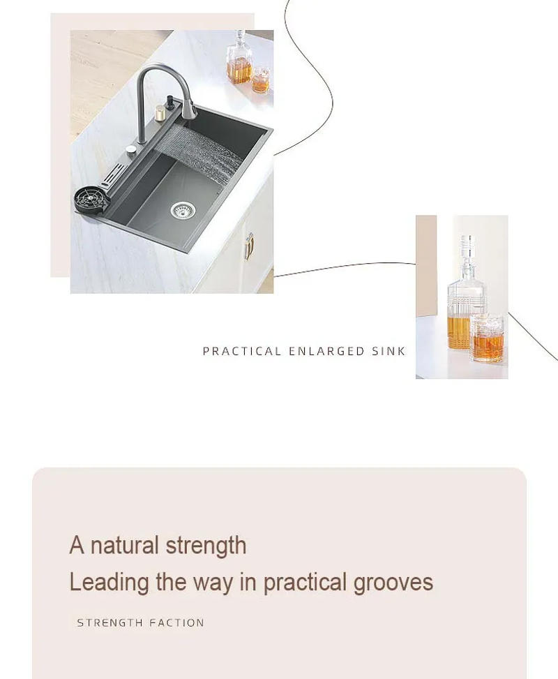 Description Picture 4 of itemNano 304 Stainless Steel Flying Waterfall Sink Super Large Single Black Kitchen Pull-out Faucet Manual With Knife Holder