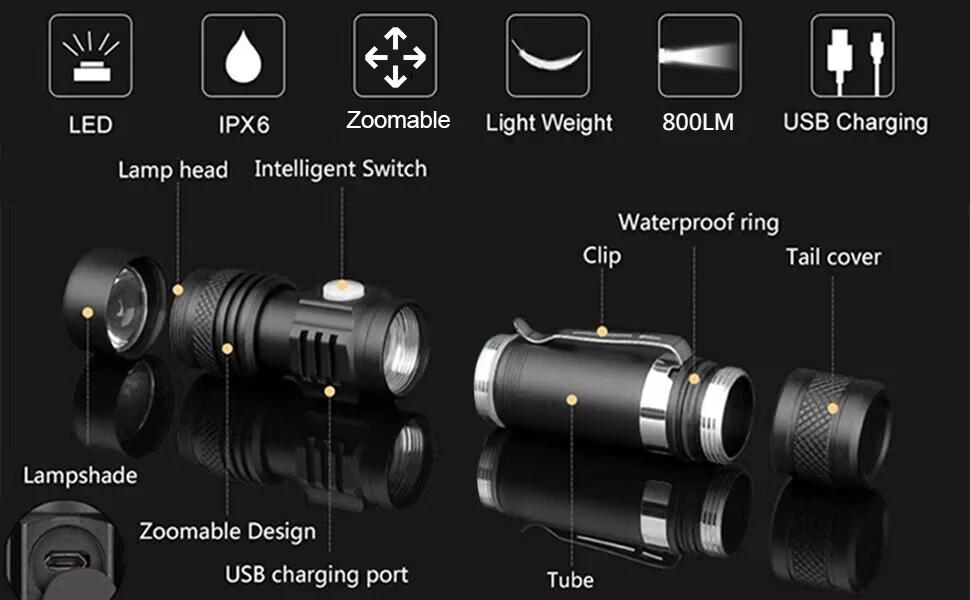 Description Picture 4 of itemLED Tactical Flashlight Rechargeable, IPX6 Waterproof Flashlight,800lm, Super Bright LED, Zoomable, Pocket-Size LED Flashlight
