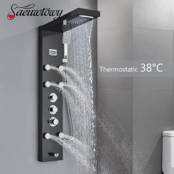 Thermostatic Bathroom Luxury Rain Waterfall Head Shower Panel Display Screen Massage Jets Waterfall Bath Tub Spout Shower Column