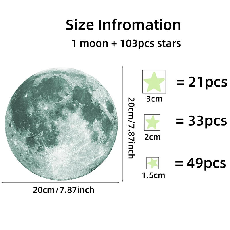 Description Picture 2 of item103pcs Luminous Moon and Stars Wall Stickers Glow in the Dark Wall Decals Bedroom Ceiling Home Decorative Stickers Kids Room