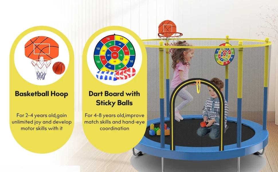 Description Picture 5 of item72" Trampoline for Kids with Net,6 FT Indoor & Outdoor Small Toddler Trampoline with Basketball Hoop & Dart Board for Ages 1-8,