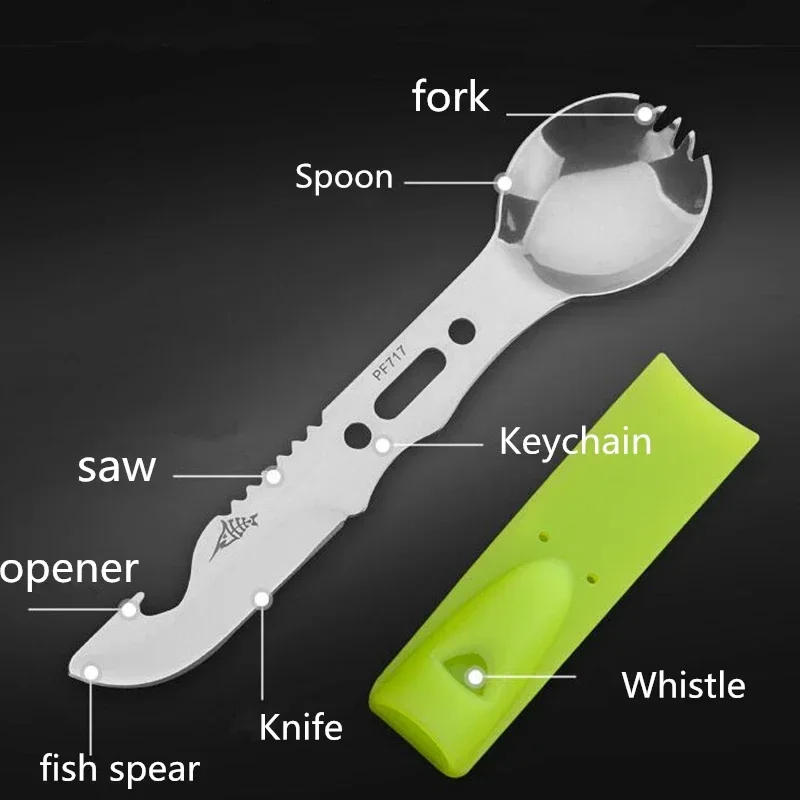 Description Picture 4 of itemMultifunctional Stainless Steel Camping Tableware Knife Fork and Spoon One Outdoor Tableware Bottle Opener Treble Whistle Tool