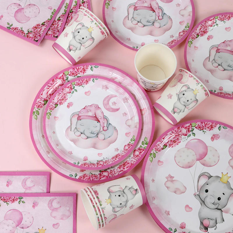 Description Picture 6 of itemCartoon Calf Elephant Disposable Tableware Pink Paper Plate Cup Napkin Banner Kids Boys Birthday Party Decoration Supplies