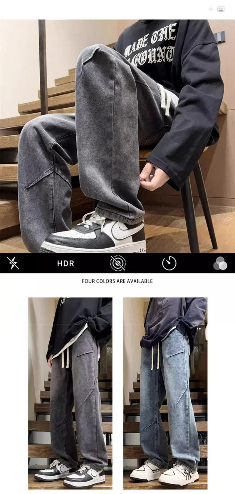 Description Picture 3 of itemNew Hip Hop Fashion Drawstring Jeans Men's Streetwear Vintage Wide Leg Straight Denim Trousers Y2K Baggy Pantalones Hombre