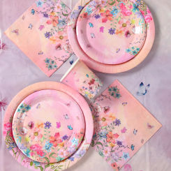 Pink Purple Flower Butterfly Disposable Tableware Set Spring Theme One Birthday Party Decorations Kids Girl Baby Shower Supplies