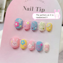 Cute Rabbit Handmade Press on Nails Fake Nails Short Round Head Manicure Nail Art Kawaii False Nails Full Cover Finger Tips Girl