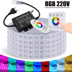 AC 220V RGB LED Strip Waterproof With Touch Remote 120Leds/M SMD 5050 Garden Bedroon Kitchen Decor Flexible Ribbon Tape Lights