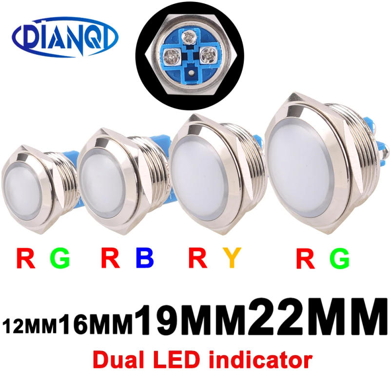 Description Picture 3 of item1PC Two Dual LED Metal Indicator Light 12mm 16mm 19mm 22mm Signal Lamp Light With screw terminal Red Yellow Green DC3V6V 12V 24V