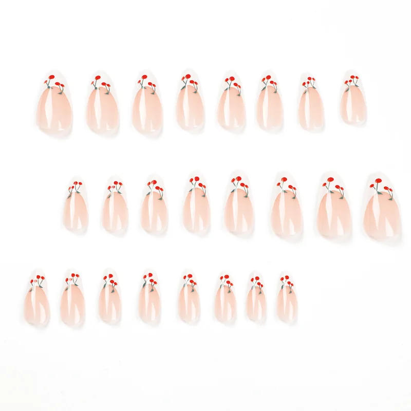 Description Picture 2 of item24Pcs Detachable Acrylic False Nails Press On Nail Cute Cherry French Almond Wearable Artificial Fake Nails Full Cover Nail Tips