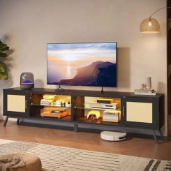 Bestier 80 Inch Black Rattan TV Stand with Storage for 85 Inch TV, 4-in-1 Mid Century Modern Entertainment Center with LED Light