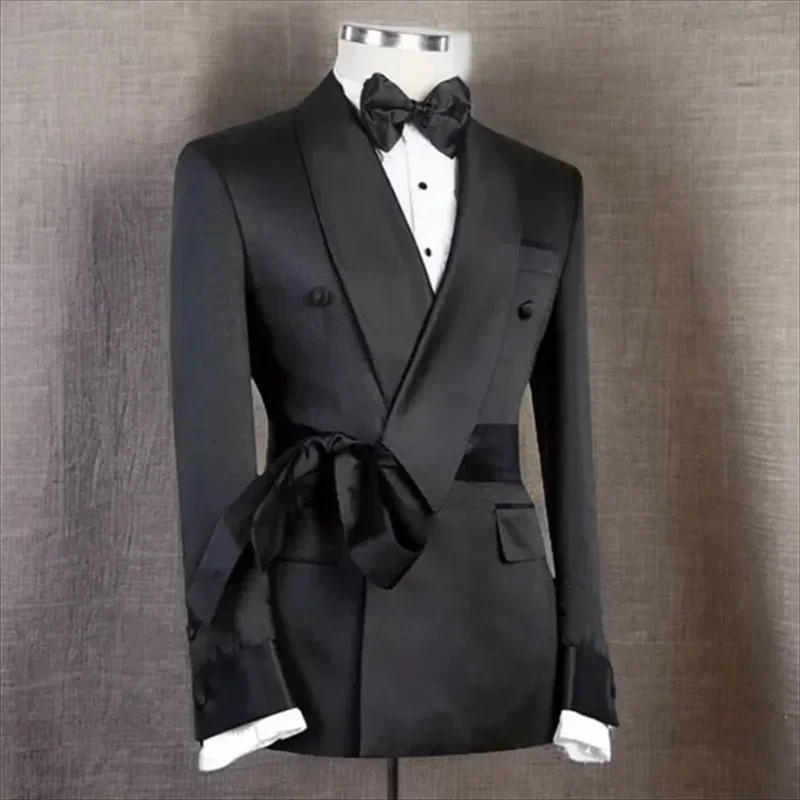 Description Picture 3 of itemBlack Slim Men Blazer With Belt Formal Banquet Prom Party Wedding Costume Coat Fashion Classic Shawl Lapel Jacket 1 Piece