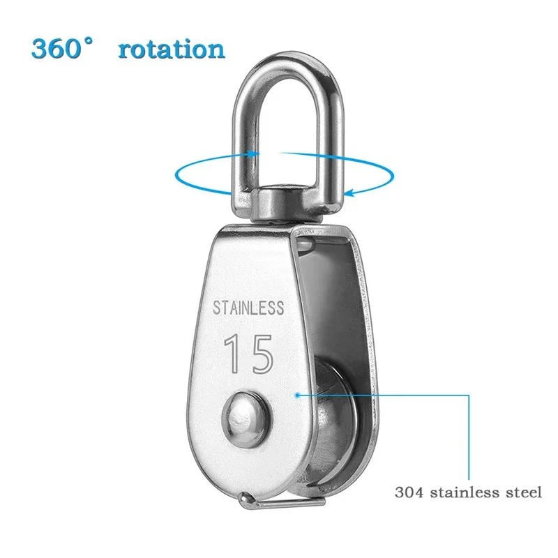 Description Picture 3 of item4PCS Single Pulley Block M15 Stainless Steel Small Pulley Roller For Rope Cord in Outdoor 360 Degrees Swivel Silver Pulley House