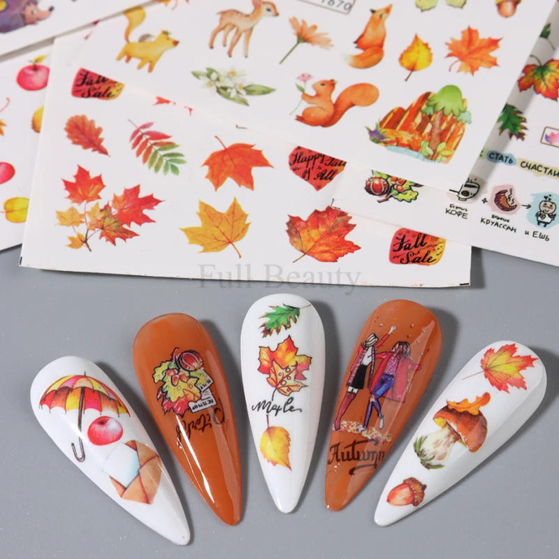 Description Picture 6 of item24pcs/Set Maple Water Nail Stickers Set Fall Leaf Geometric Nail Art Decals Cute Animal Transfer Sliders Autumn Manicure Decor