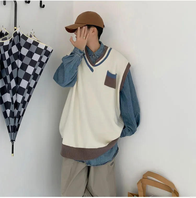 Description Picture 6 of itemSweater Vest Men Spring V-neck Japanese Vintage Contrast College Knitted Fashion Loose All-match Sleeveless Clothing V42