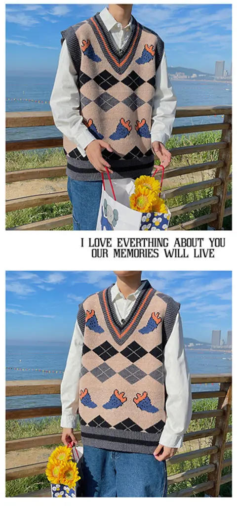 Description Picture 5 of itemJapanese Style V-neck Knitted Vests Couple Plaid Printed Loose Casual High Street Sleeveless Sweaters Men Tops Male Clothes