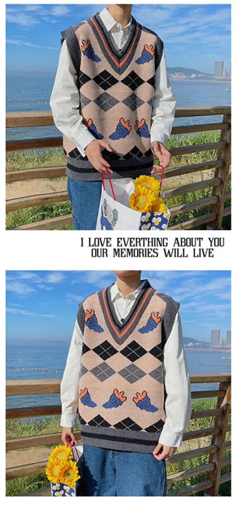 Description Picture 5 of itemJapanese Style V-neck Knitted Vests Couple Plaid Printed Loose Casual High Street Sleeveless Sweaters Men Tops Male Clothes