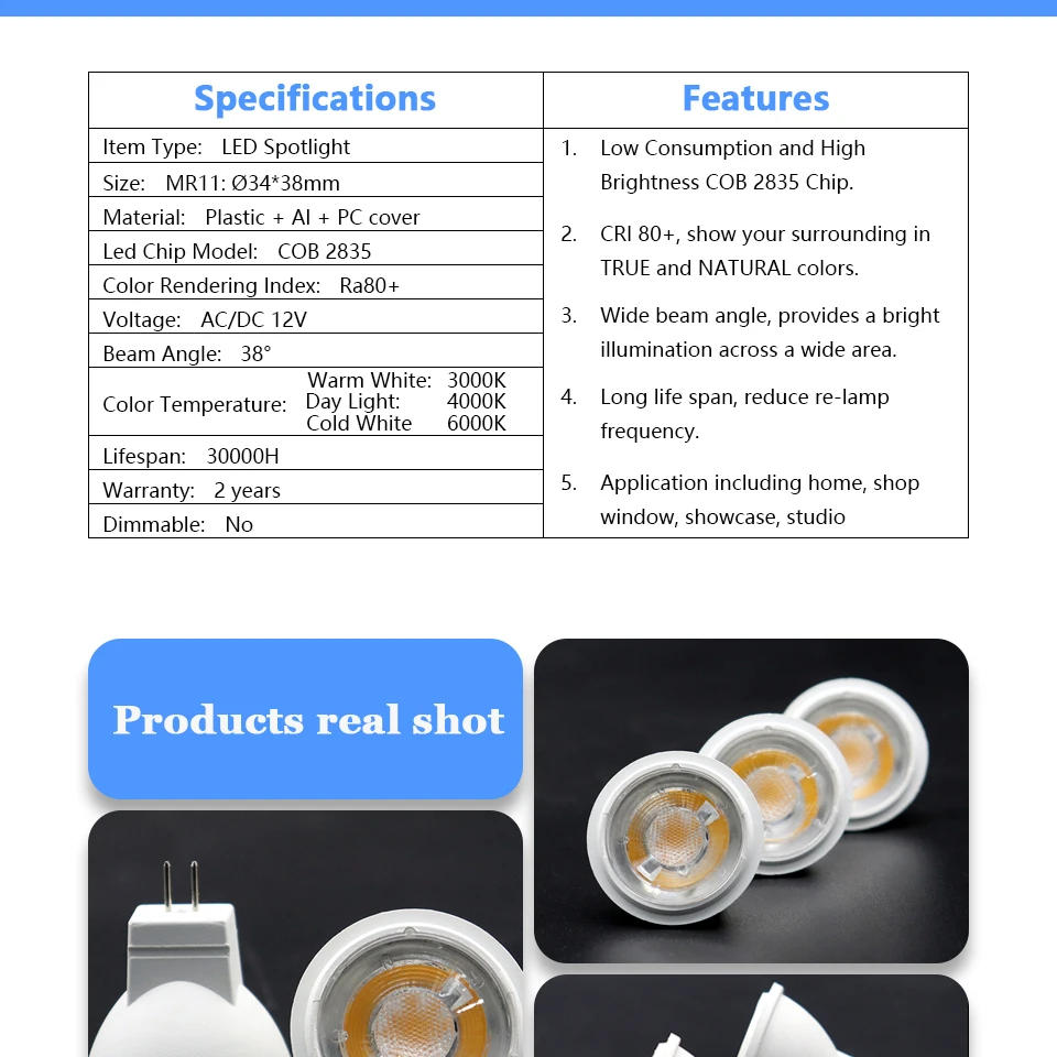 Description Picture 6 of itemEnergy Saving Led Bulb Mr11 GU4 20PCS 12V 3W Cob Spotlight 3000k 4000k 6000k Warm Light For Home Decoration Replace Halogen Lamp