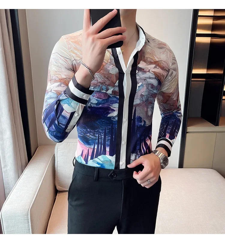 Description Picture 5 of itemLuxury Printed Men's Shirt Long Sleeve Casual Shirt Slim Business Formal Dress Shirt Streetwear Social Party Tuxedo men clothing