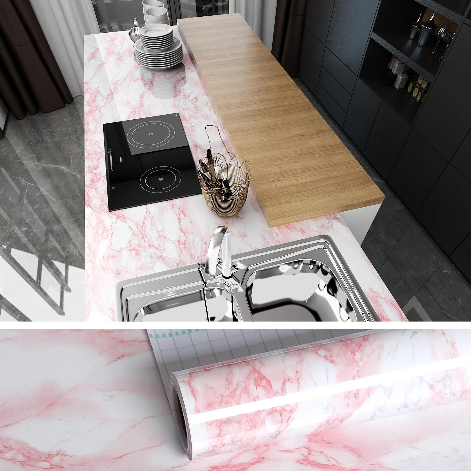 Description Picture 2 of itemVinyl Pink Marble Wallpapers Peel Self-adhesive Removable Waterproof Wall Covering Table Countertop Cabinet Furniture Stickers