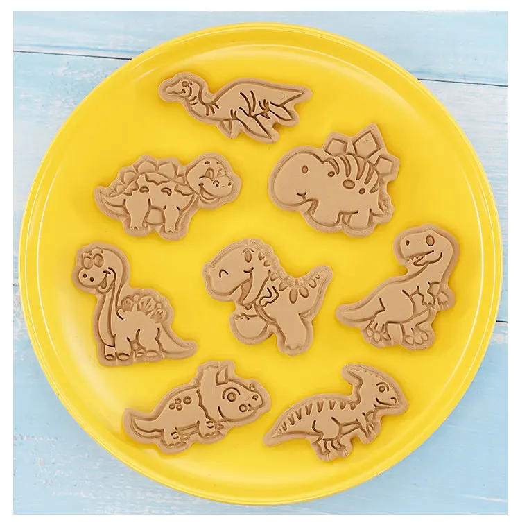 Description Picture 6 of item8 Pcs/set Cookie Cutters Plastic 3D Dinosaur Shape Cartoon Pressable Biscuit Mold Cookie Stamp Kitchen Baking Pastry Bakeware