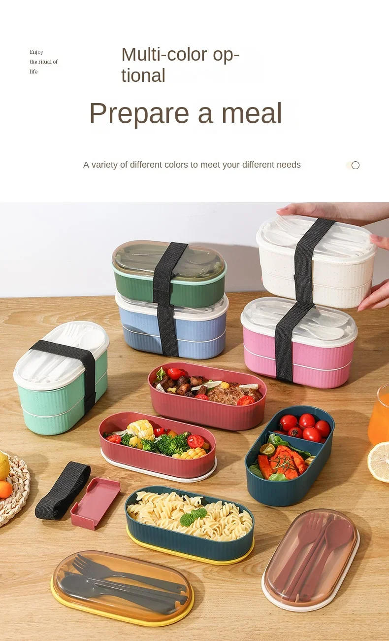 Description Picture 4 of itemDouble Layer Portable Lunch Box with Fork and Spoon Microwave Bento Boxes Dinnerware Set Food Storage Container