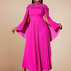 AOMEI Cloak Sleeve A Line Pleated Dresses for Women Mock Neck Tulle Patchwork High Waist Drapped Long Evening Party Gowns 2024
