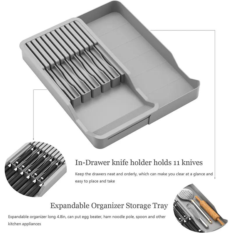 Description Picture 5 of itemKnife Block Holder with Expandable Organizer Storage Tray for Kitchen Countertop Retractable Knife Organizer Drawer Insert