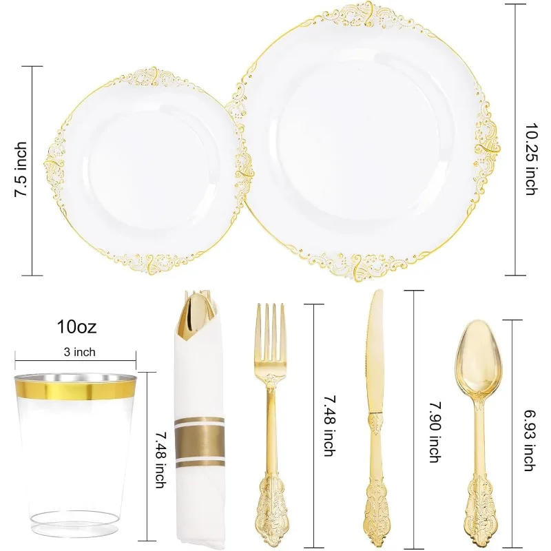 Description Picture 6 of item350pcs Plastic Plates, Disposable Plates with Trim, Includes: Dinner Plates, Dessert Plates, Cups, Rolled Napkin Cutlery