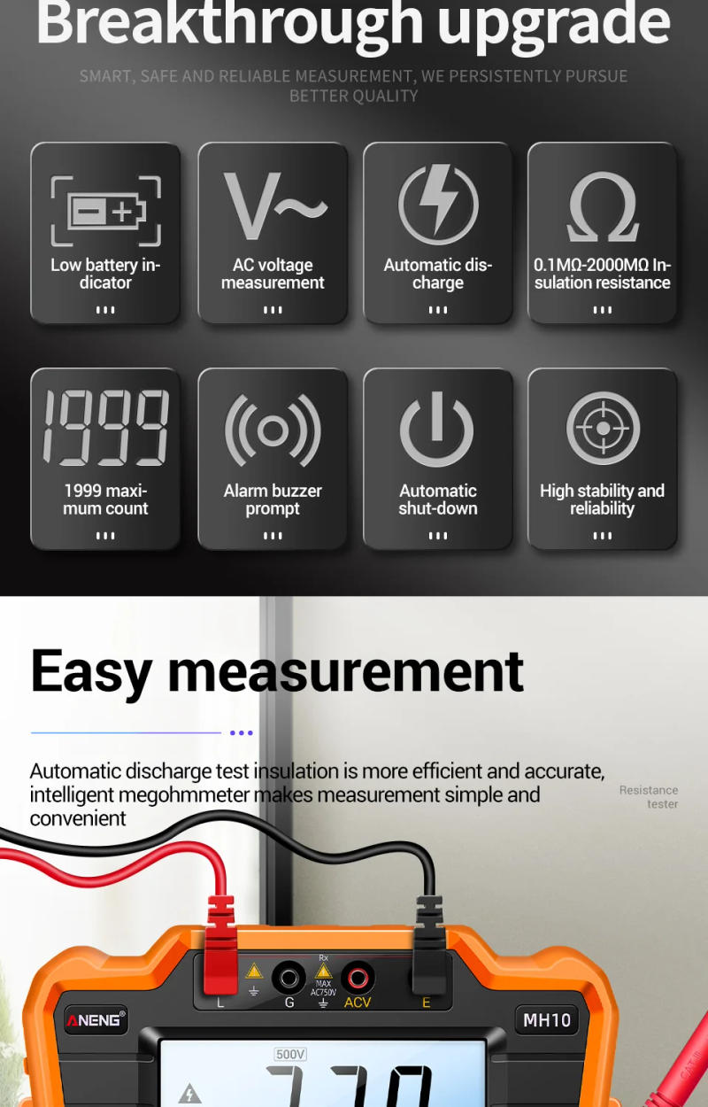 Description Picture 4 of itemANENG MH10 HD Digital Insulation Resistance Gauge Ohmer Testers 1000V Megometer Megohmmeter Ohm Test Auto Range Backlight Meters