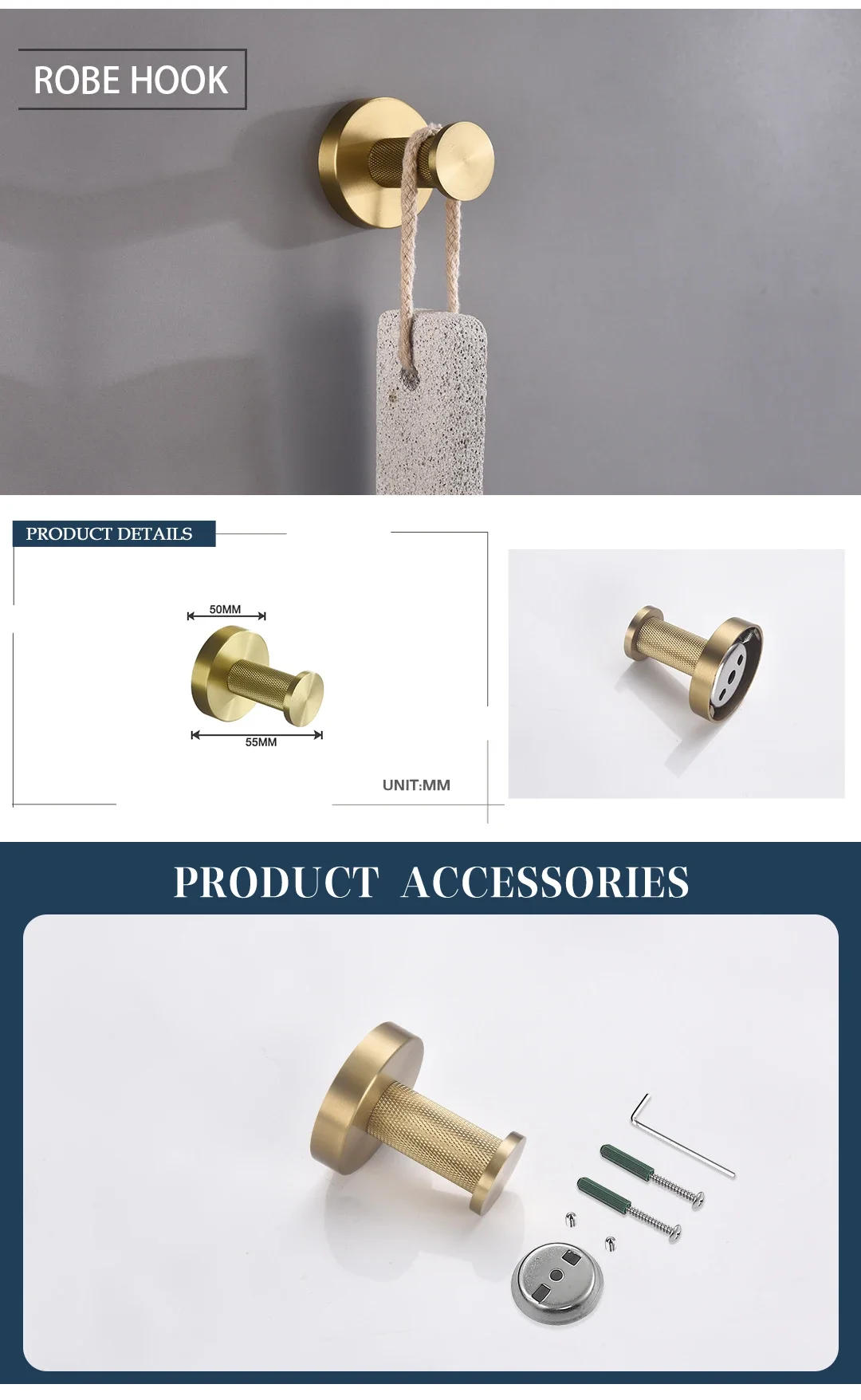 Description Picture 6 of itemBrushed Gold Brass Knurling Bathroom Accessories Set Wall Mount Hand Towel Rack Toilet Paper Holder Robe Hook Hanger