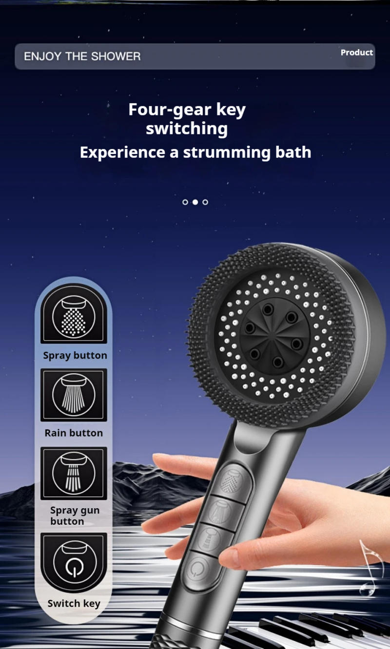 Description Picture 2 of item4 Modes Self-cleaning Shower Head with Silicone Brush One-Key Stop Water Massage High Pressure ABS Showerhead with Filter