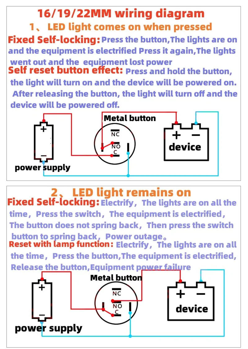 Description Picture 4 of item12 16 19 22MM Metal Button Switch LED Light Waterproof Momentary Self-Locking Car Engine Power Supply 5V6V12V24V 220V Red Blue